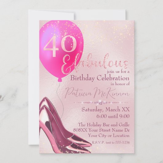ピンクハイヒールスティレトスグリッター40th誕生日 招待状 (正面)