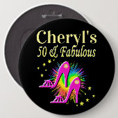 ピンクハイヒールパーソナライズされた50番目の誕生日 缶バッジ (正面&裏面)