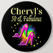 ピンクハイヒールパーソナライズされた50番目の誕生日 缶バッジ (正面)