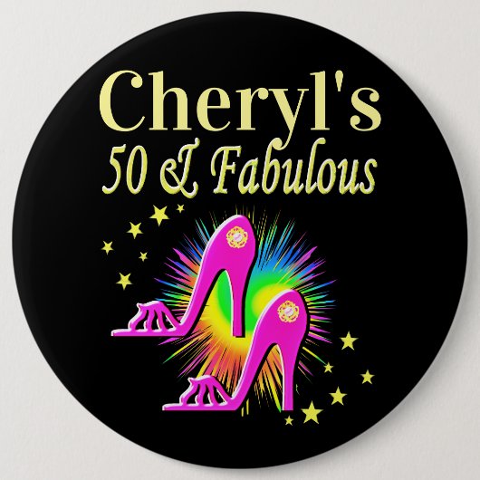 ピンクハイヒールパーソナライズされた50番目の誕生日 缶バッジ (正面)