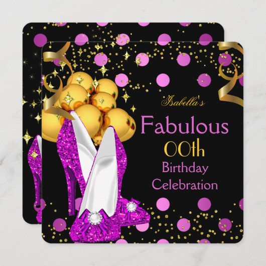 ピンクハイヒール金ゴールド水玉模様誕生日パーティー 招待状 (正面/裏面)