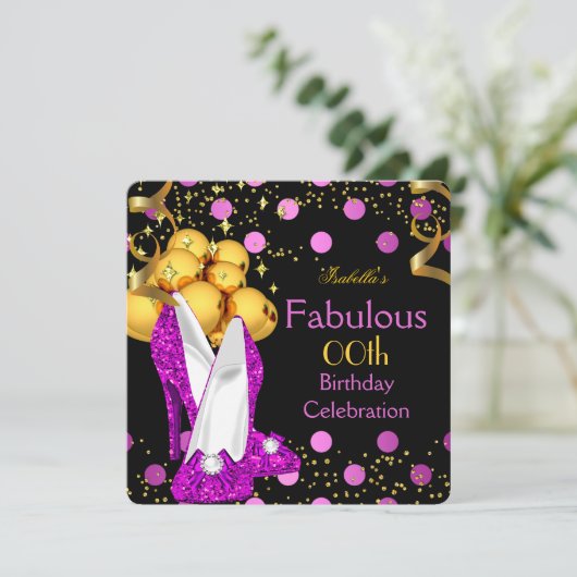 ピンクハイヒール金ゴールド水玉模様誕生日パーティー 招待状 (スタンド正面)