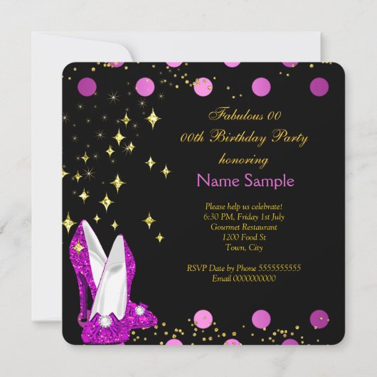 ピンクハイヒール金ゴールド水玉模様誕生日パーティー 招待状 (裏面)