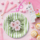 ピンクハイビスカスの花のグリーンのストライプのブライズシャワー ペーパープレート (パーティー)