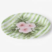 ピンクハイビスカスの花のグリーンのストライプのブライズシャワー ペーパープレート (アングル)