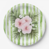 ピンクハイビスカスの花のグリーンのストライプのブライズシャワー ペーパープレート (正面)
