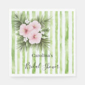 ピンクハイビスカスの花のグリーンのストライプの結婚前のお祝い スタンダードランチョンナプキン (正面)