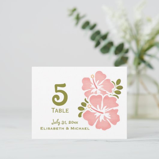 ピンクハイビスカスウェディングレセプションテーブル番号カード ポストカード (スタンド正面)