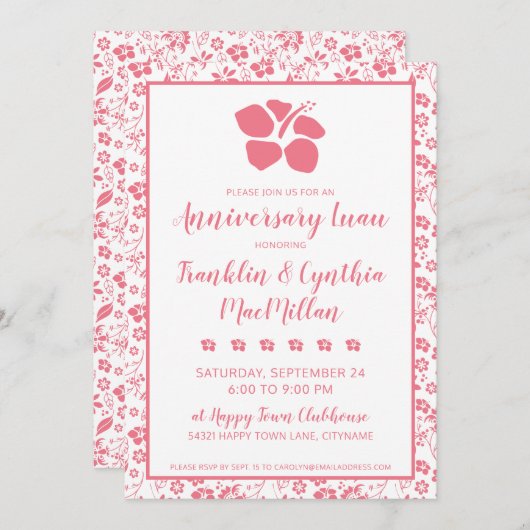 ピンクハイビスカストロピカルフラワーズアニバーサリールアウ（ハワイ式宴会） 招待状 (正面/裏面)