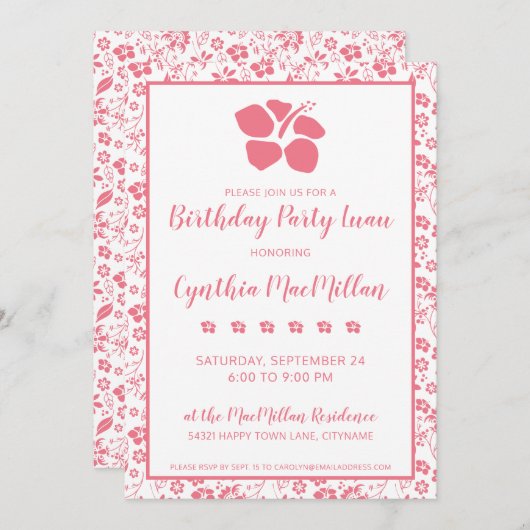 ピンクハイビスカストロピカルフラワーズ誕生日 招待状 (正面/裏面)