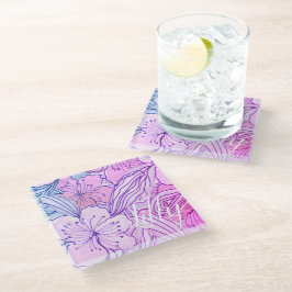 ピンクハイビスカスドードルスケッチガラスコースター ガラスコースター