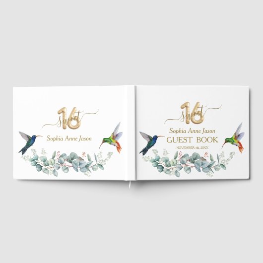 ピンクハイビスカスハミングバード金ゴールドスウィート16誕生日 ゲストブック (全面)