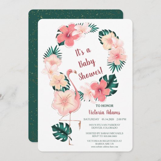 ピンクハイビスカスフラミンゴベビーシャワー招待状 招待状 (正面/裏面)