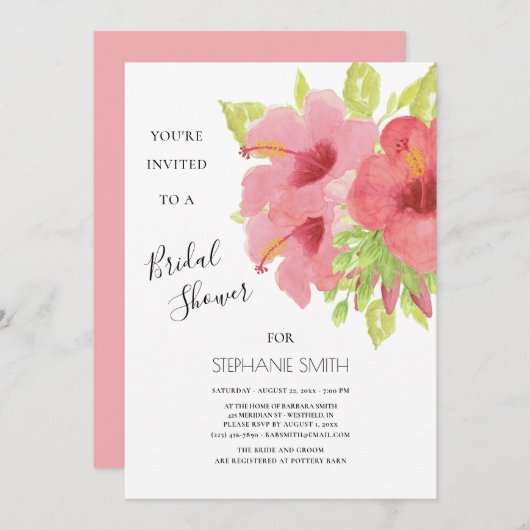 ピンクハイビスカスフローラブライダルシャワー 招待状 (正面/裏面)