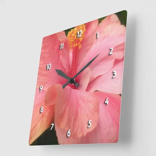 ピンクハイビスカスラウンドクロック スクエア壁時計 (傾斜)