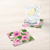 ピンクハイビスカス水彩模様 スクエアペーパーコースター (インサイチュ)