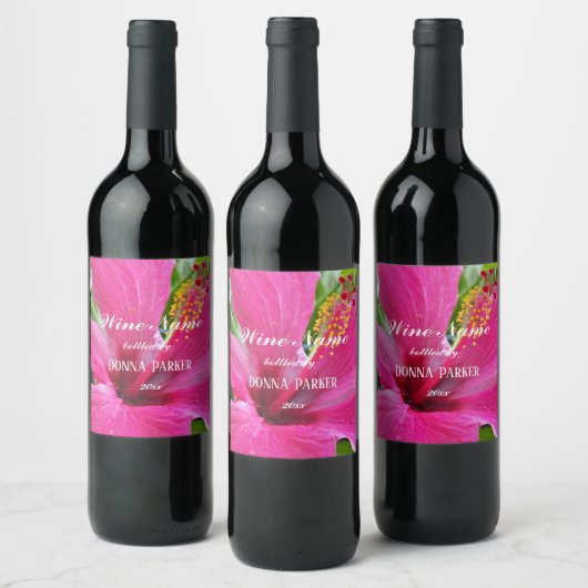 ピンクハイビスカス開花パーソナライズされたフローラ ワインラベル (ボトル)