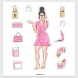 ピンクハイファッションブルネット女性プランナーデカール シール