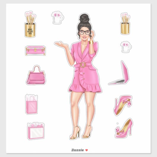 ピンクハイファッションブルネット女性プランナーデカール シール (シート)