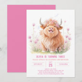 ピンクハイランドカウアドベンチャーガールバースデー 招待状 (正面/裏面)