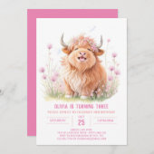 ピンクハイランドカウアドベンチャーガール誕生日 招待状 (正面/裏面)