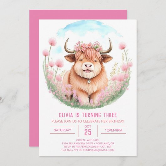ピンクハイランドカウガールズ誕生日 招待状 (正面/裏面)