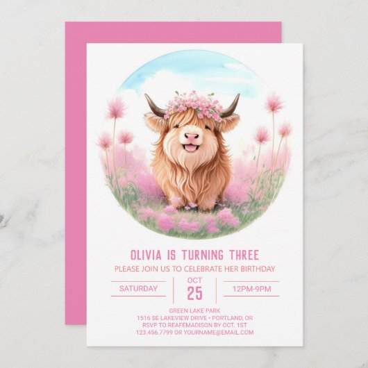 ピンクハイランドカウメドウ魔法誕生日 招待状 (正面/裏面)