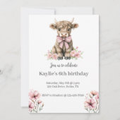 ピンクハイランド牛の誕生日パーティーへの招待 招待状 (正面)