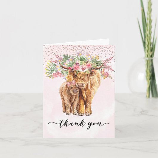 ピンクハイランド牛の赤ちゃんシャワーありがとう カード (正面)