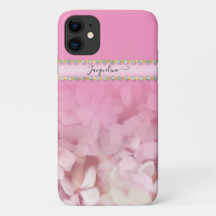 ピンクハガーリーイドランジアフローラ金ゴールドグリッター宝石 iPhone 11 ケース