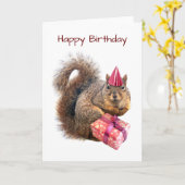 ピンクハットとギフト誕生日カード付きリス カード (黄色い花)