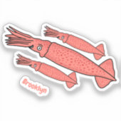 ピンクハッピーイカ漫画イラストレーション シール (正面)