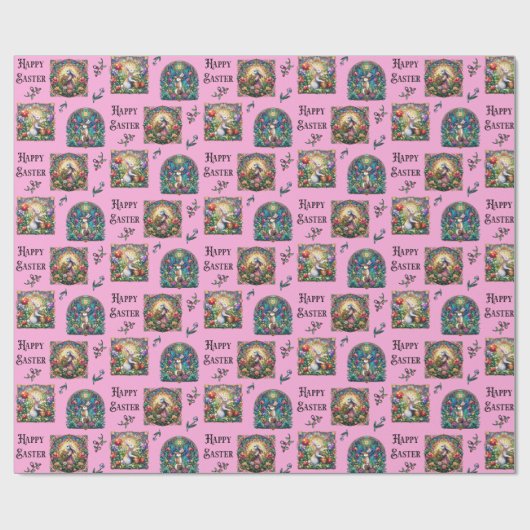 ピンクハッピーイースターバニーエレガントステンドグラス ラッピングペーパー (フラット)