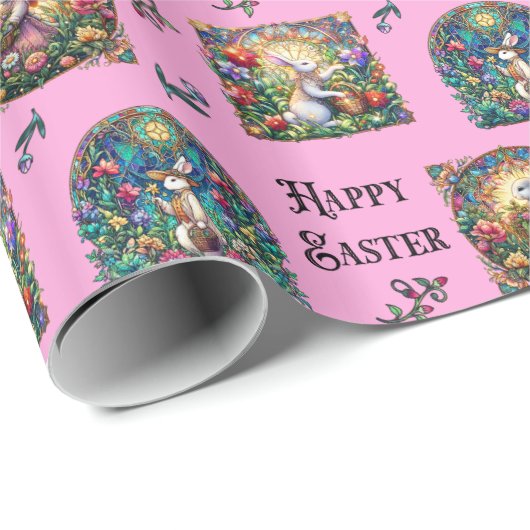 ピンクハッピーイースターバニーエレガントステンドグラス ラッピングペーパー (ロールコーナー)