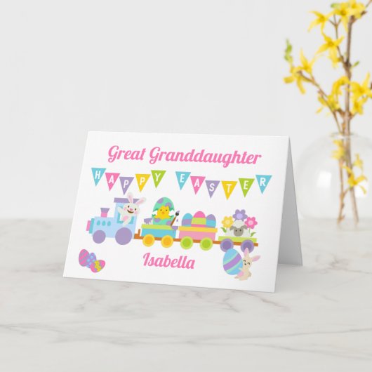 ピンクハッピーイースターバニートレイン素晴らし孫 カード (黄色い花)
