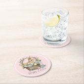 ピンクハッピーイースターバニー ラウンドペーパーコースター (インサイチュ)