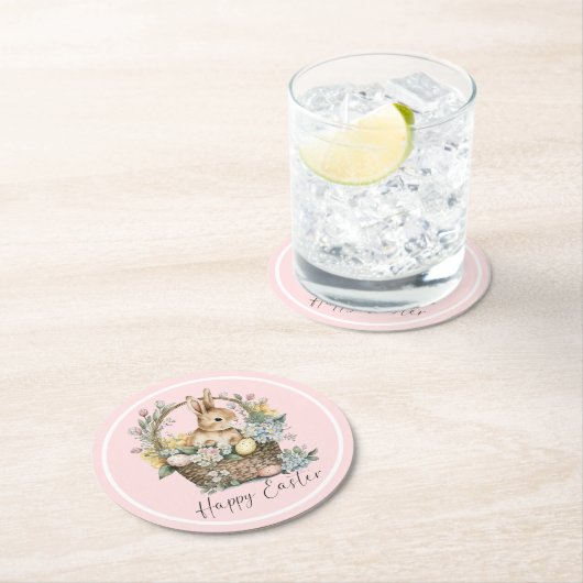 ピンクハッピーイースターバニー ラウンドペーパーコースター (インサイチュ)