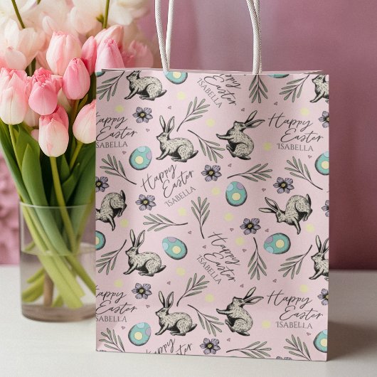 ピンクハッピーイースター名バニー ミディアムペーパーバッグ