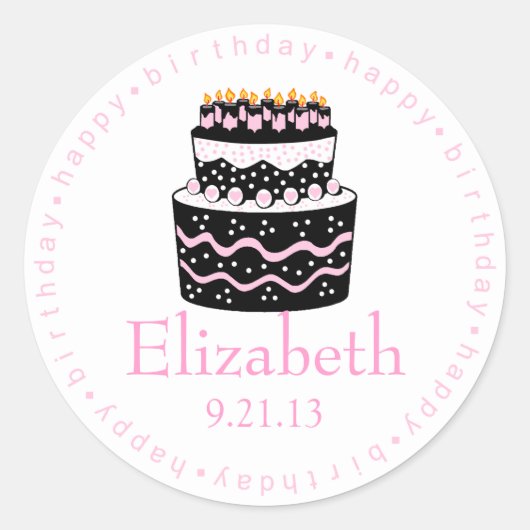 ピンクハッピーバースデーケーキ ラウンドシール (正面)