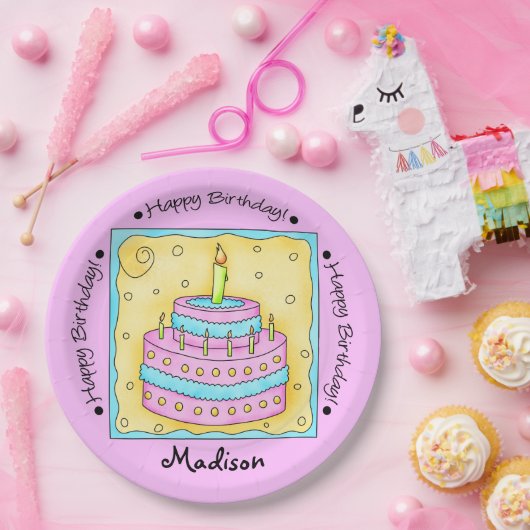 ピンクハッピーファーストバースデーケーキ名パーソナライズされた前 ペーパープレート (パーティー)