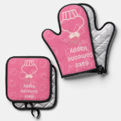 ピンクハッピーベーキングオーブンミットとポットホルダー 鍋つかみ&鍋敷きセット (正面/裏面)