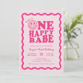 ピンクハッピー顔ワンハッピーバーベガール1st誕生日 招待状 (スタンド正面)