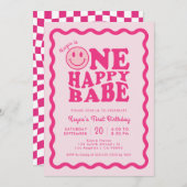 ピンクハッピー顔ワンハッピーバーベガール1st誕生日 招待状 (正面/裏面)