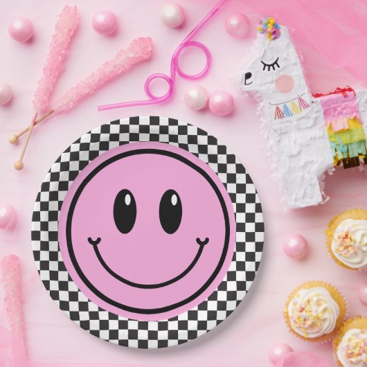 ピンクハッピー顔市松模様に子供の誕生日 ペーパープレート (パーティー)