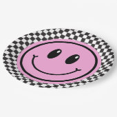 ピンクハッピー顔市松模様に子供の誕生日 ペーパープレート (アングル)