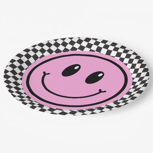 ピンクハッピー顔市松模様に子供の誕生日 ペーパープレート (アングル)