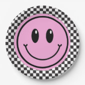 ピンクハッピー顔市松模様に子供の誕生日 ペーパープレート (正面)