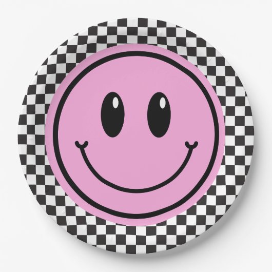 ピンクハッピー顔市松模様に子供の誕生日 ペーパープレート (正面)