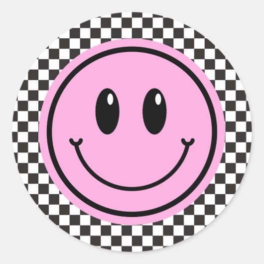 ピンクハッピー顔市松模様に子供の誕生日 ラウンドシール (正面)
