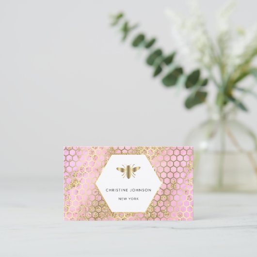 ピンクハニカムと六角ビーのロゴ 名刺 (スタンド正面)